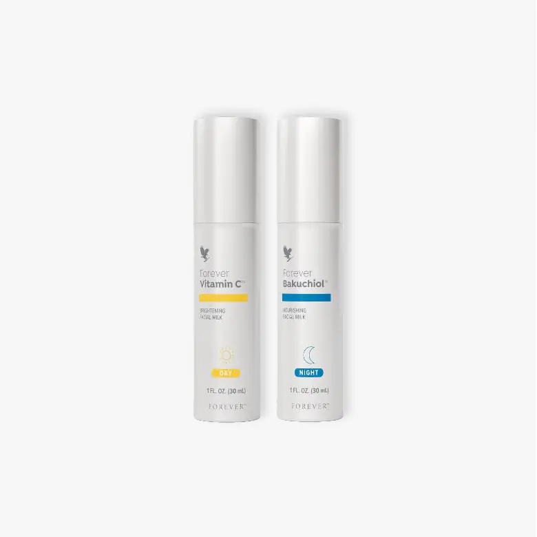 Forever Vitamin C i Bakuchiol Duo set za posvetljivanje i obnavljanje kože koji kombinuje vitamin C ujutru i bakuhiol uveče kao prirodnu alternativu retinolu – Forever Living | Aloe Zdravlje