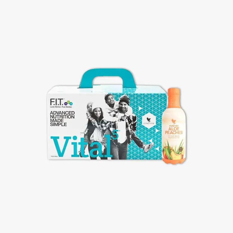 Vital5 Aloe Peaches petoproduktni wellness paket sa aloe pijačom od breskve Forever Daily probioticima omega-3 i Argi+ za kompletnu svakodnevnu nutritivnu podršku – Forever Living | Aloe Zdravlje