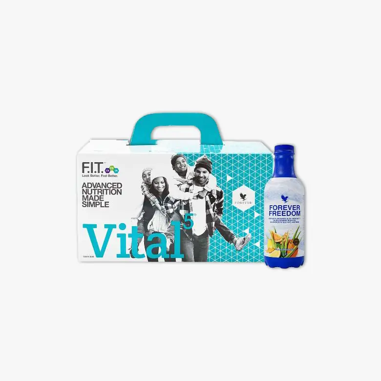 Vital5 Forever Freedom petoproduktni wellness paket sa aloe pijačom glukozaminom i MSM-om plus multivitamin probiotici omega-3 i L-arginin – Forever Living | Aloe Zdravlje